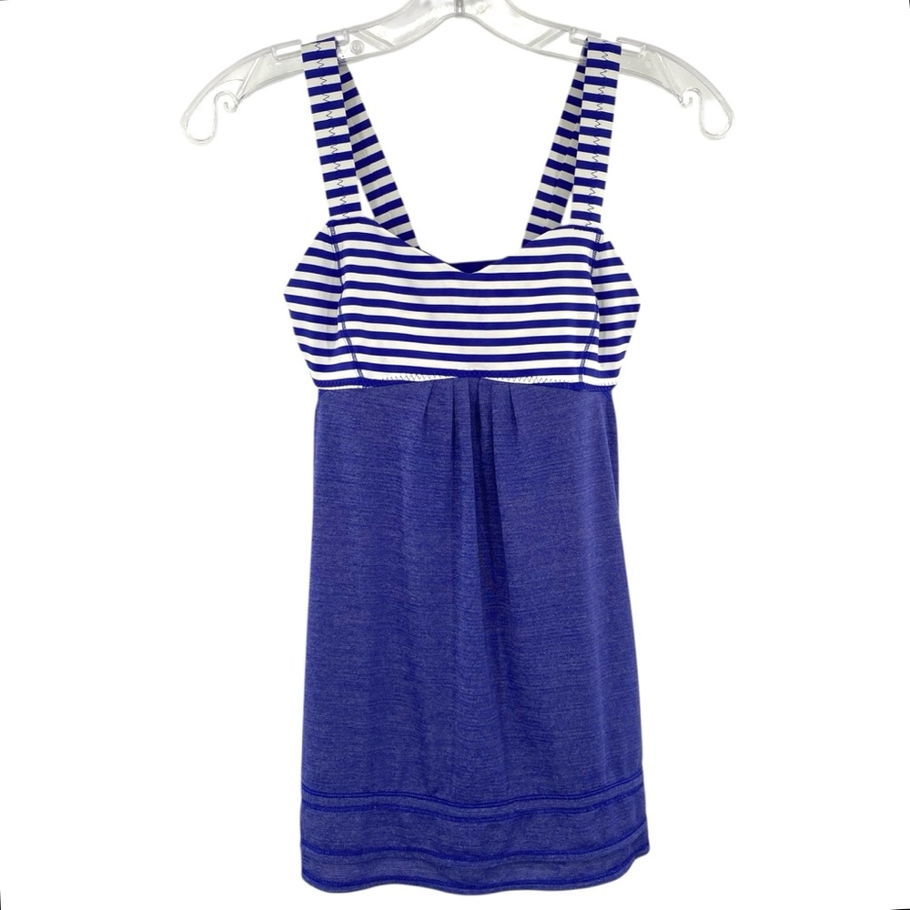 Lululemon Run Back On Track Tank Top Sz 4 Blue White Stripe Drawstring